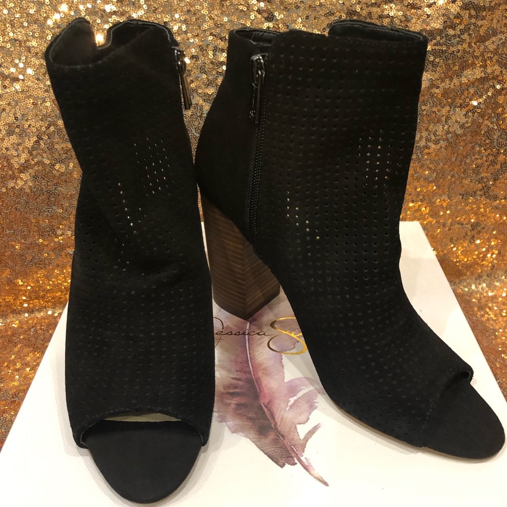 Jessica Simpson Suede Leather Open Toe Mesh Bootie